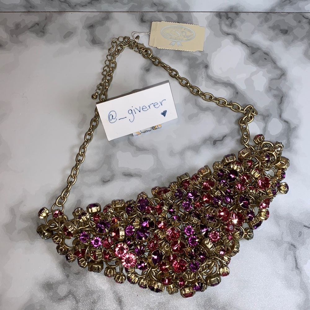 NWT Gold Pink & Purple Cluster Stone Bib Statement Necklace